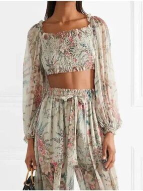 Zimmermann Ninety-Six Silk Floral Crop Top Smocked Ruffle Balloon Sleeve 2 M